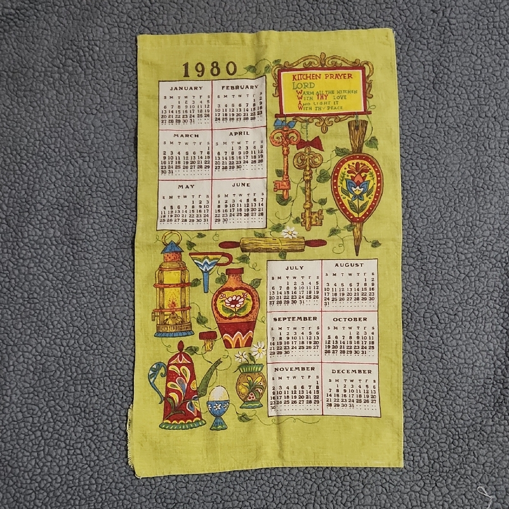 Vintage 1980 Calendar Kitchen Prayer Tea Towel Light Green